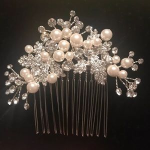 Vintage Silver Crystal & Pearls Wedding Hair Comb